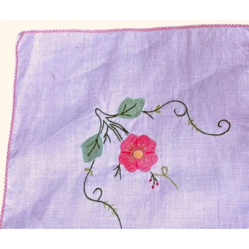 Vintage Handmade Pink Square Embroidered Floral Tablecloth 42 x 41 Appliqué Cute
